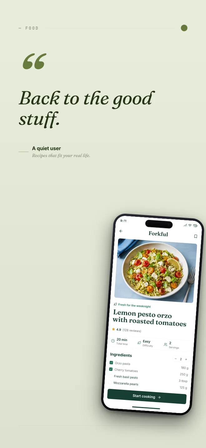 Olive Grove palette in Quote Card, a fictional food app screenshot example