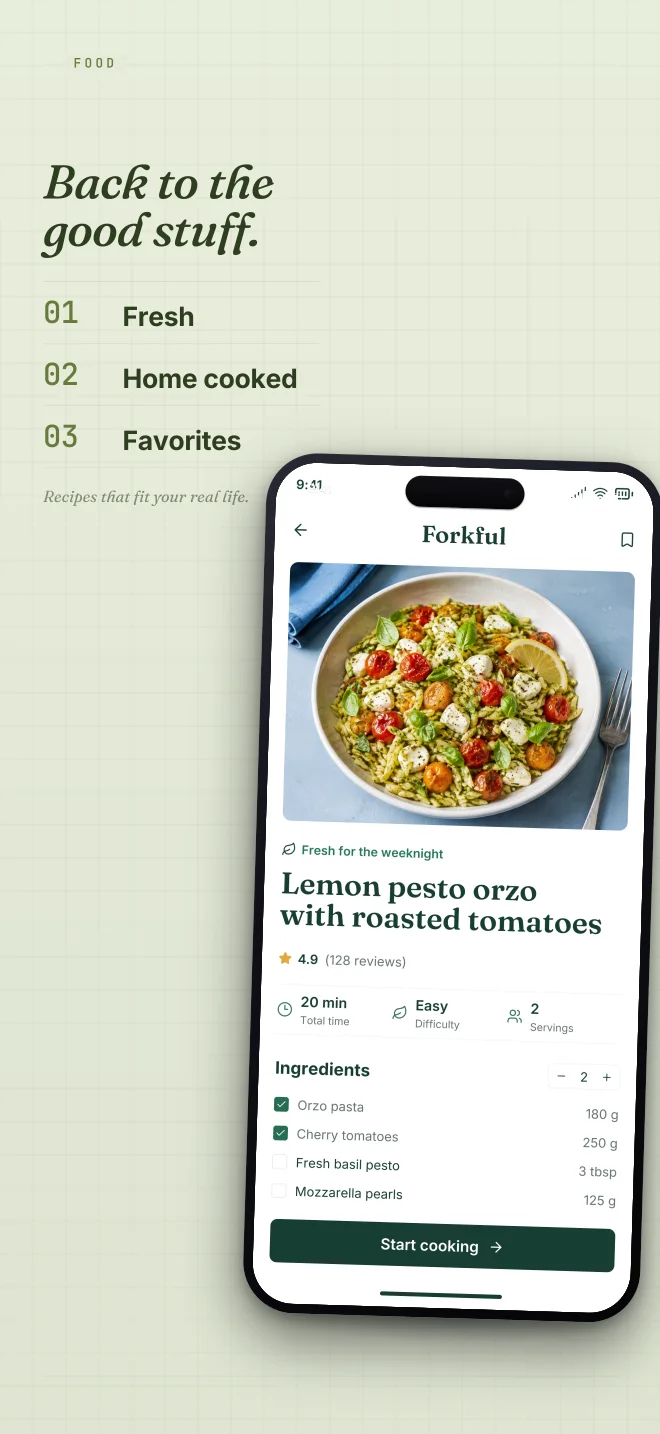Olive Grove palette in Specimen Grid, a fictional food app screenshot example