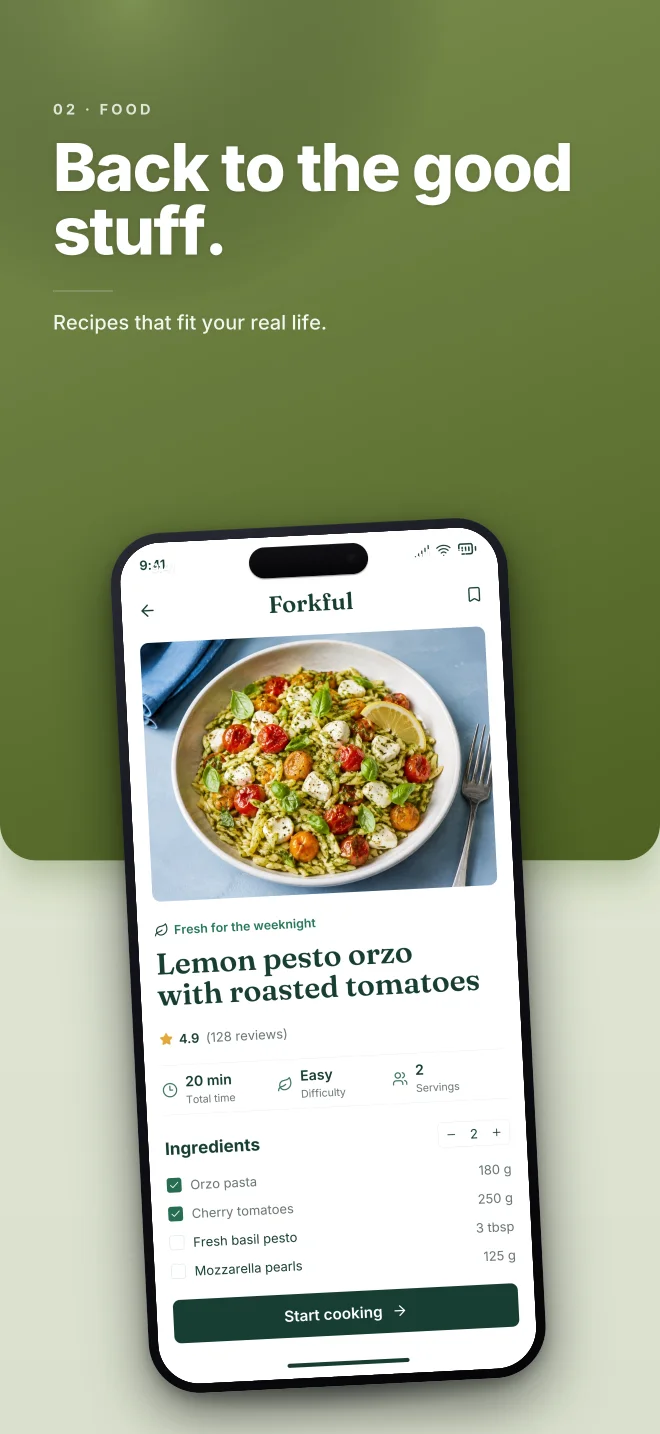 Olive Grove palette in Split Bold, a fictional food app screenshot example