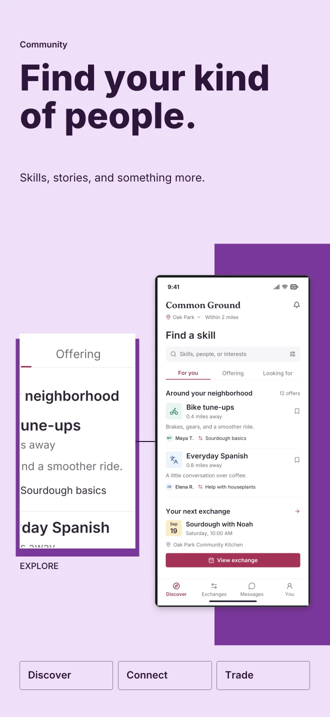 Orchid palette in Feature Focus, a fictional community app screenshot example