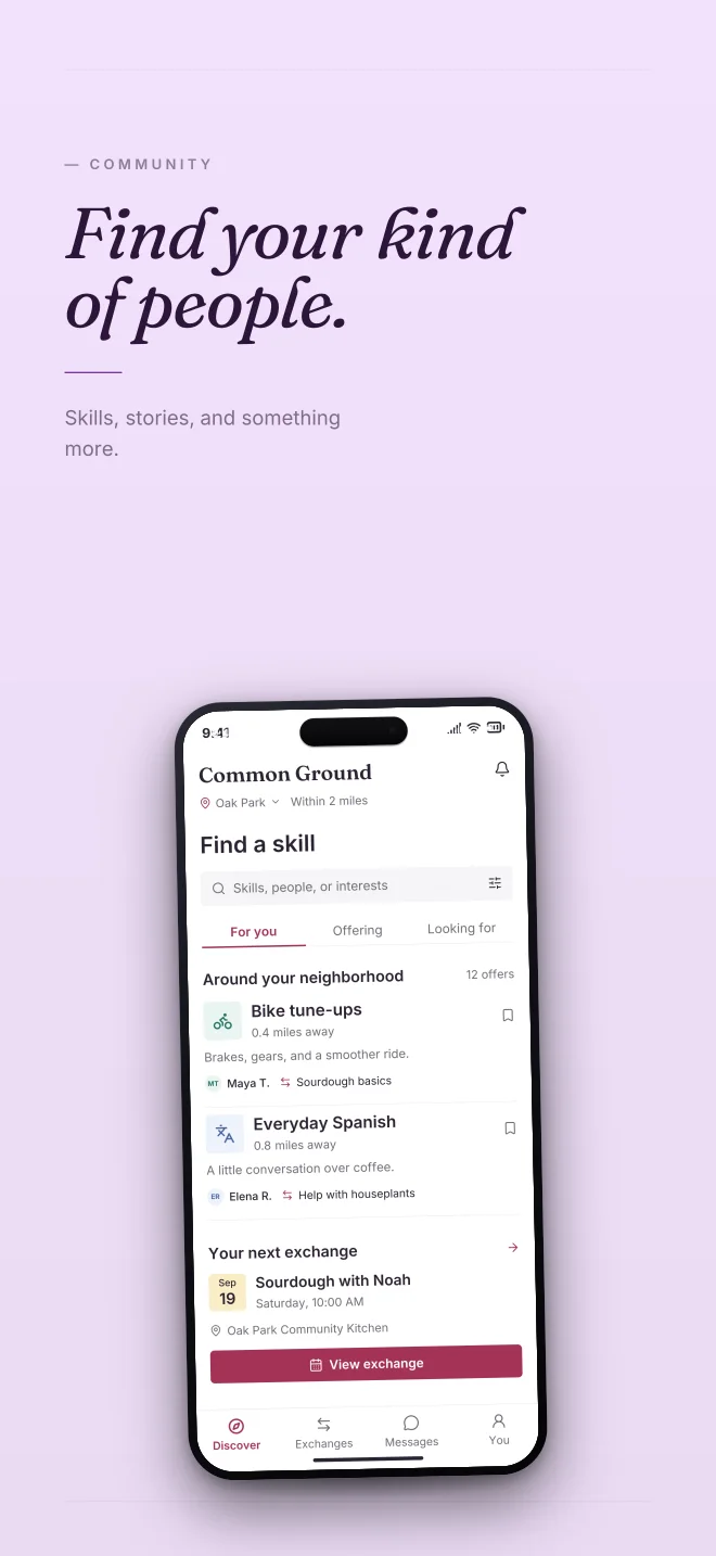 Orchid palette in Minimal, a fictional community app screenshot example