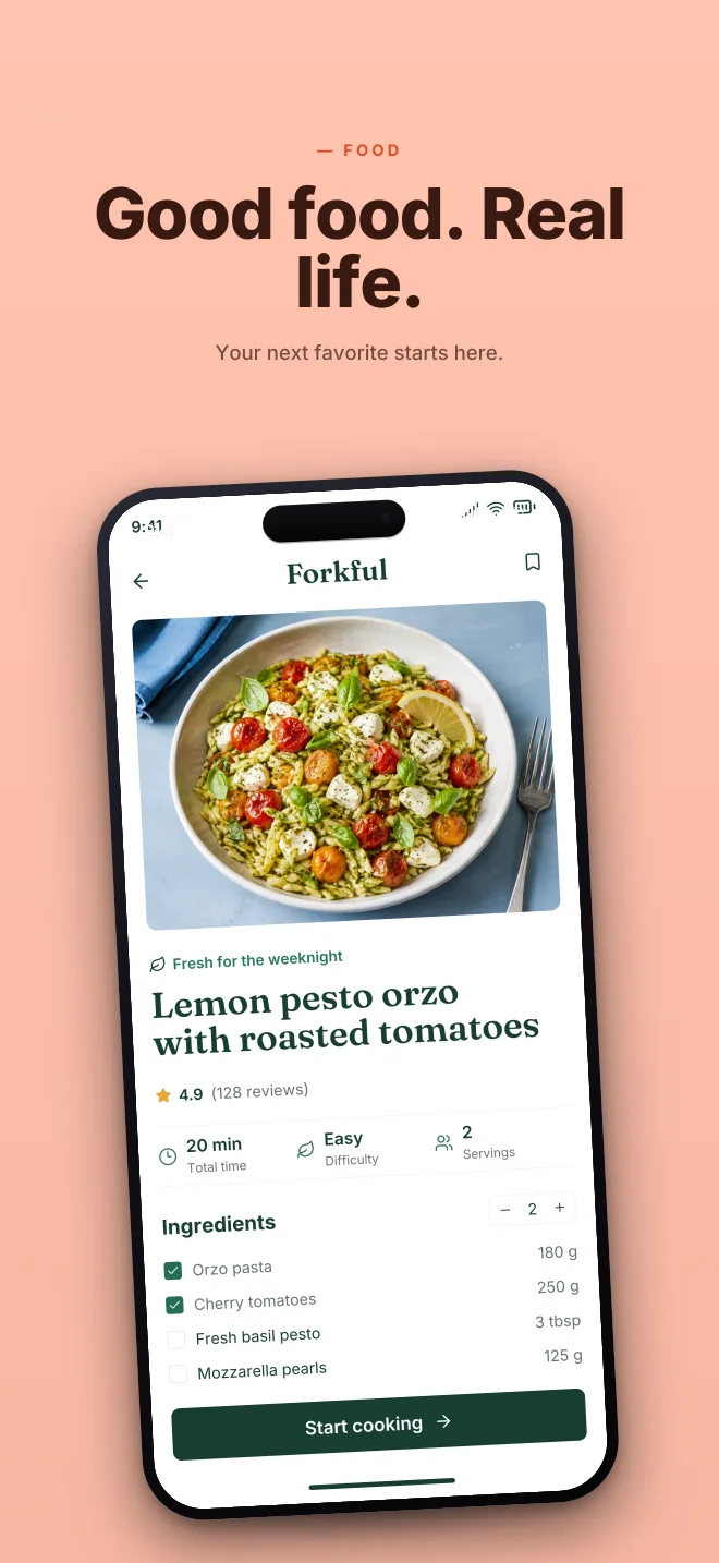 Good food. Real life.. Big headline with a lifted device frame. Bright colors.