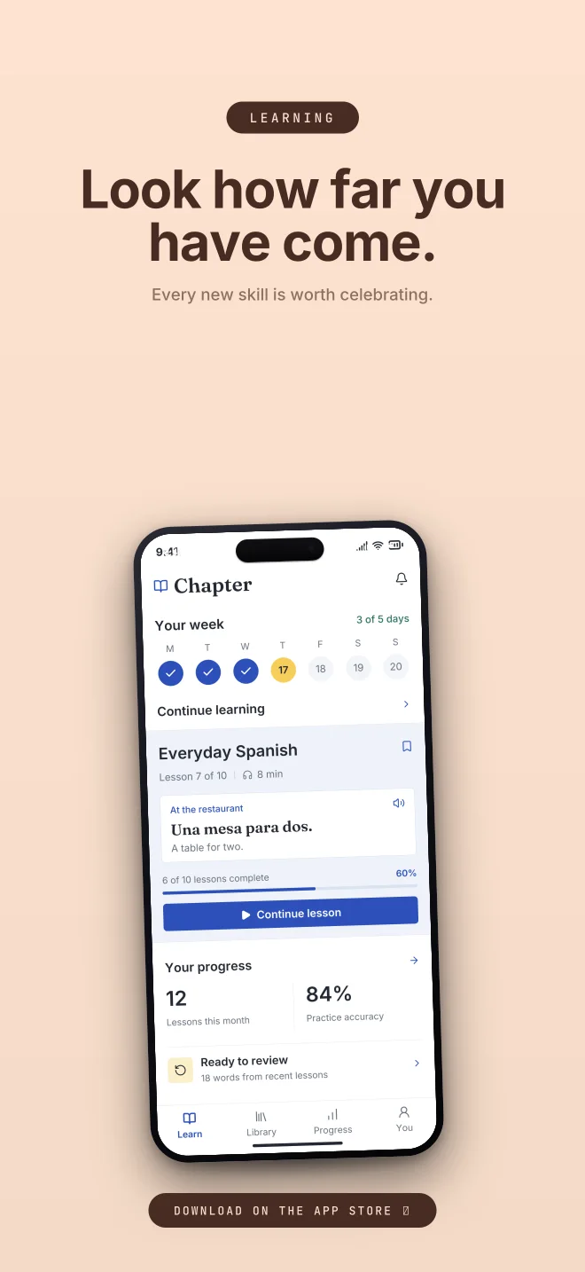 Peach Study palette in Closer Badge, a fictional learning app screenshot example