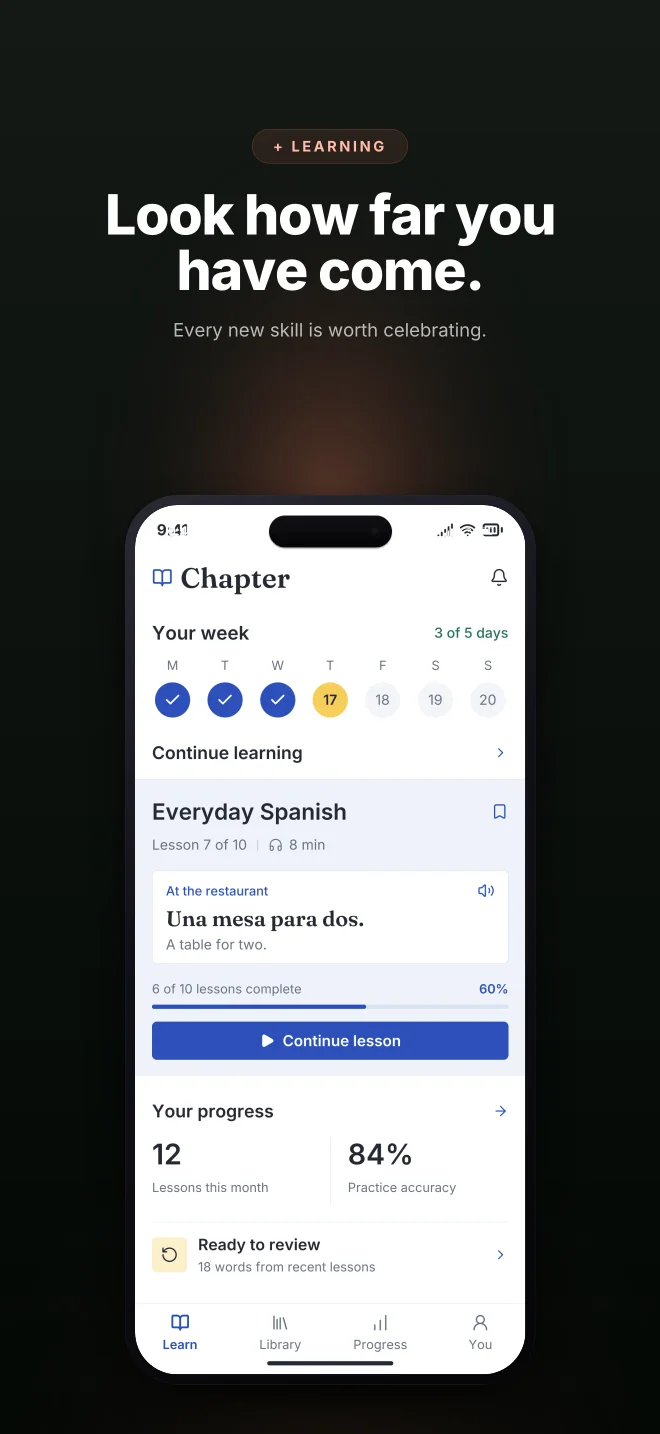 Peach Study palette in Dark Showcase, a fictional learning app screenshot example