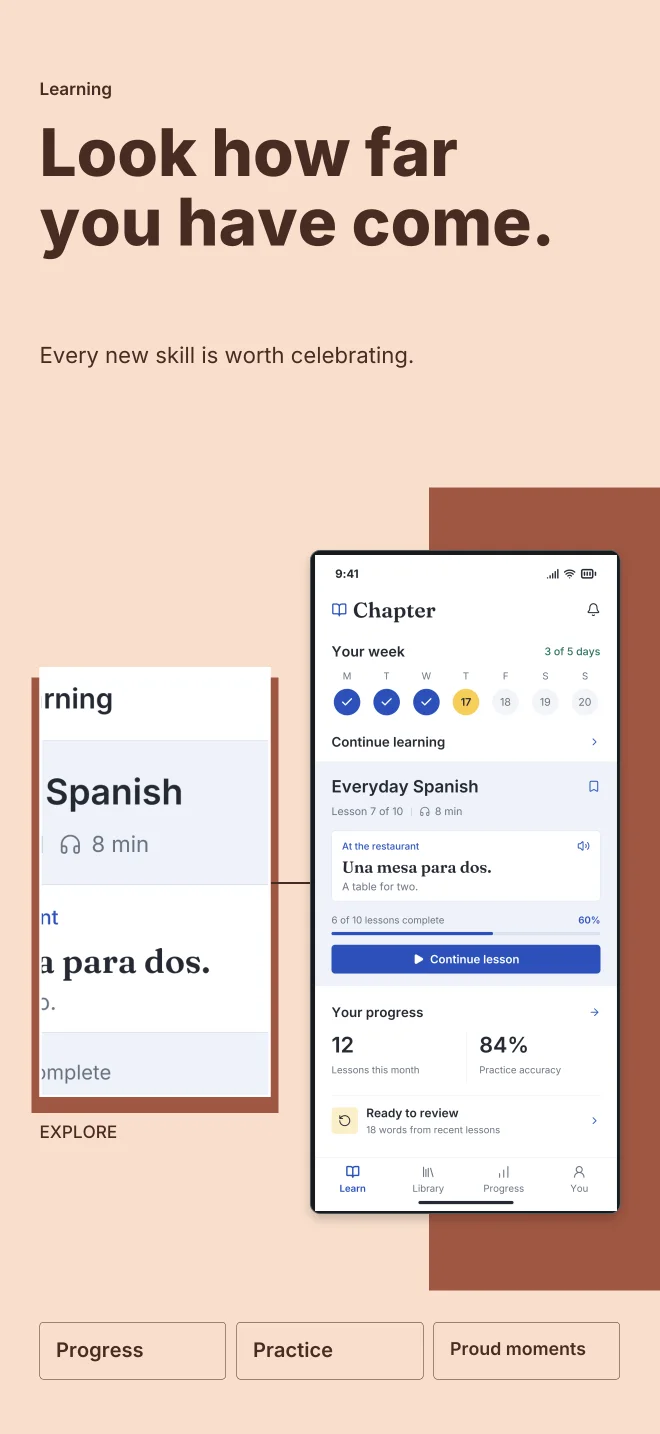 Peach Study palette in Feature Focus, a fictional learning app screenshot example