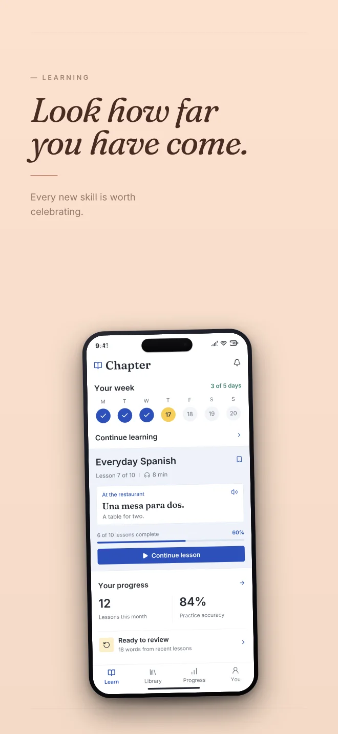Peach Study palette in Minimal, a fictional learning app screenshot example