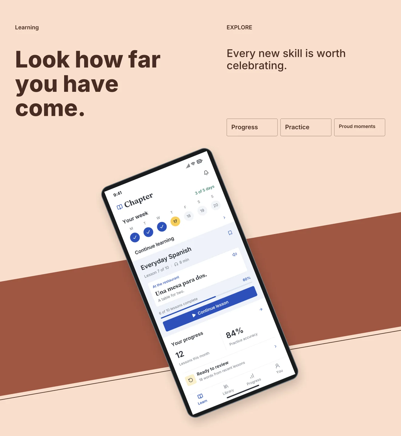 Peach Study palette in Panoramic Pair, a fictional learning app screenshot example