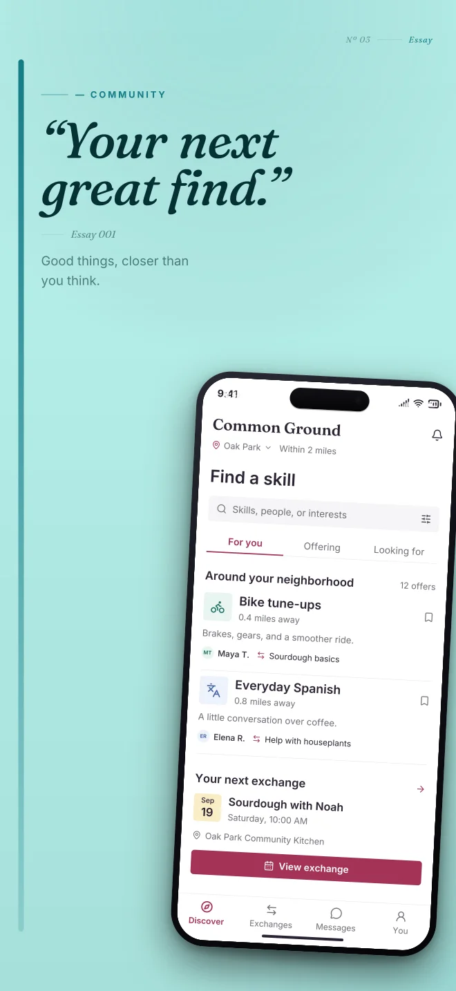 Poolside palette in Editorial, a fictional community app screenshot example