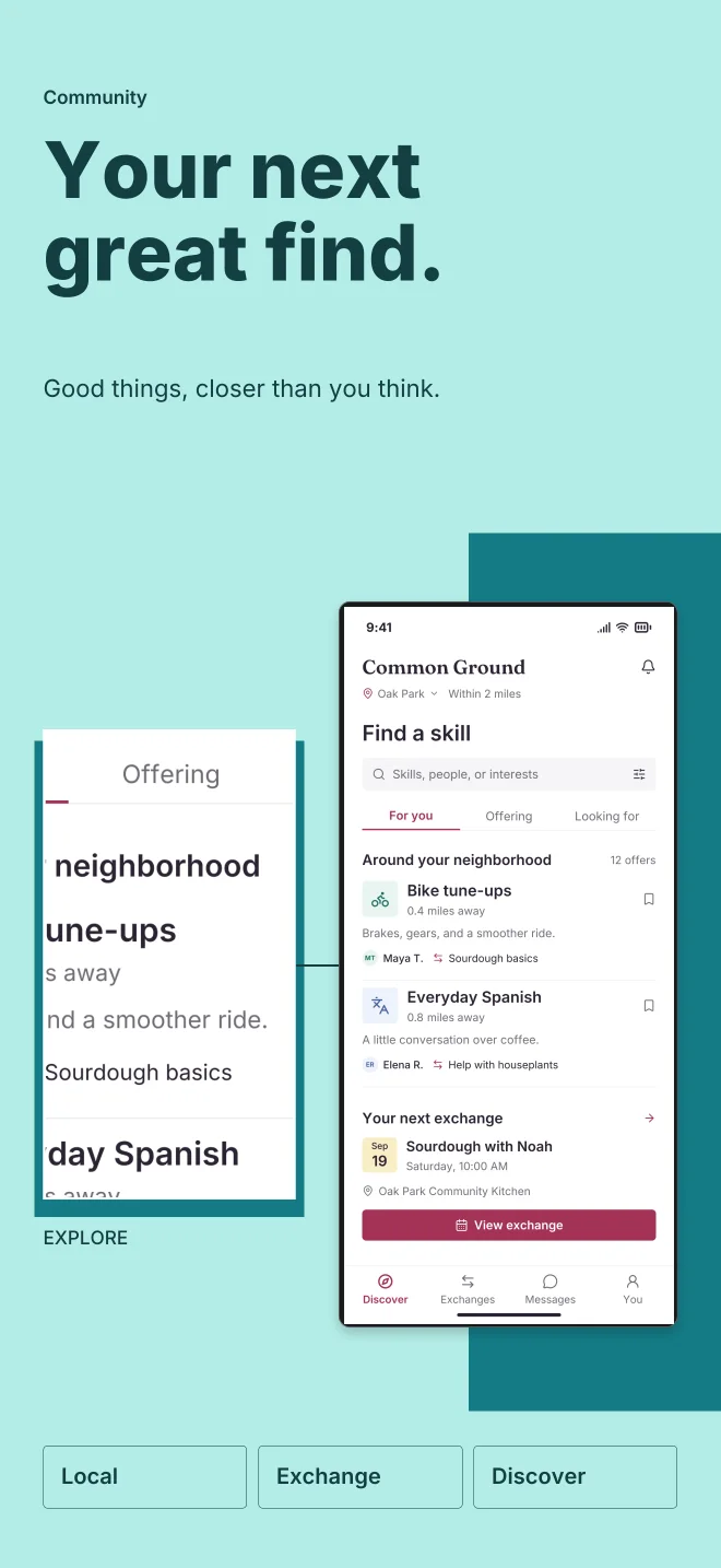 Poolside palette in Feature Focus, a fictional community app screenshot example