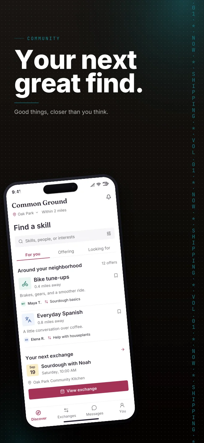 Poolside palette in Marquee Scroll, a fictional community app screenshot example