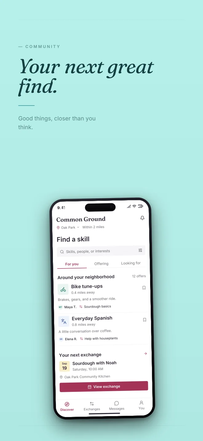 Poolside palette in Minimal, a fictional community app screenshot example