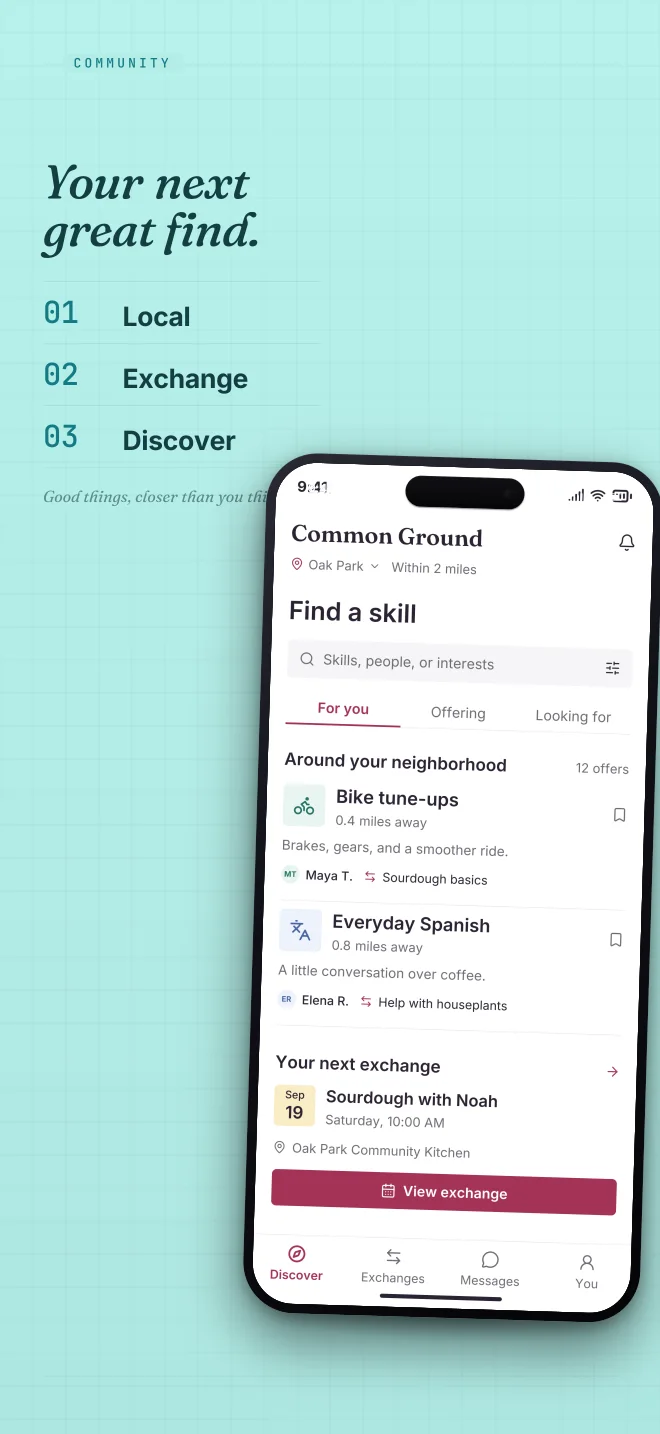 Poolside palette in Specimen Grid, a fictional community app screenshot example