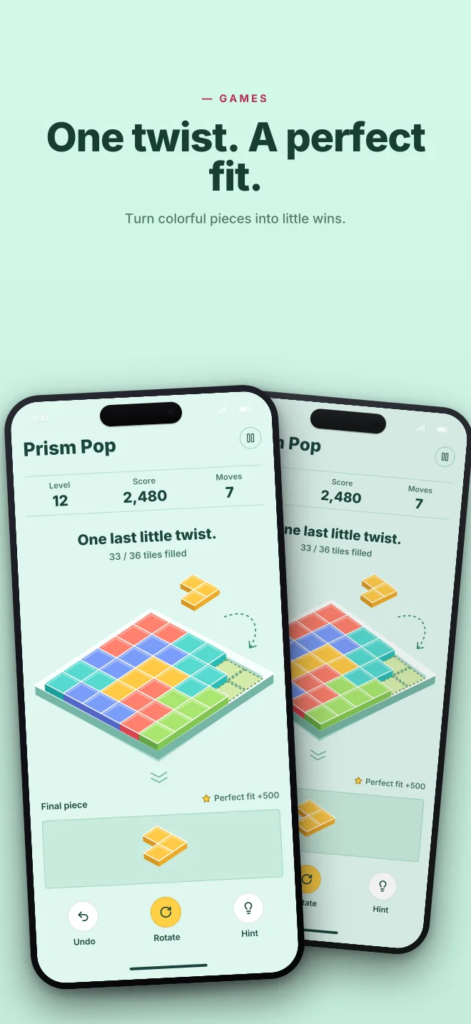 Prism Mint palette in Angled Pair, a fictional games app screenshot example