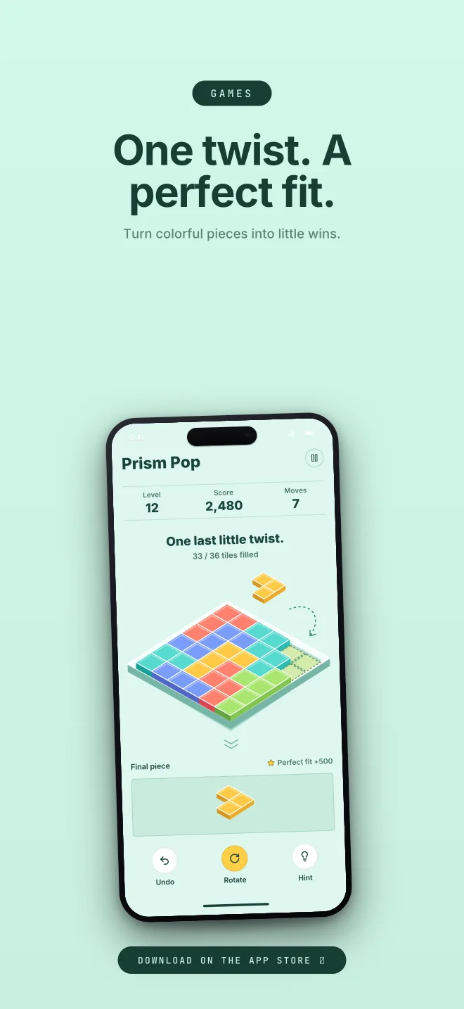 Prism Mint palette in Closer Badge, a fictional games app screenshot example