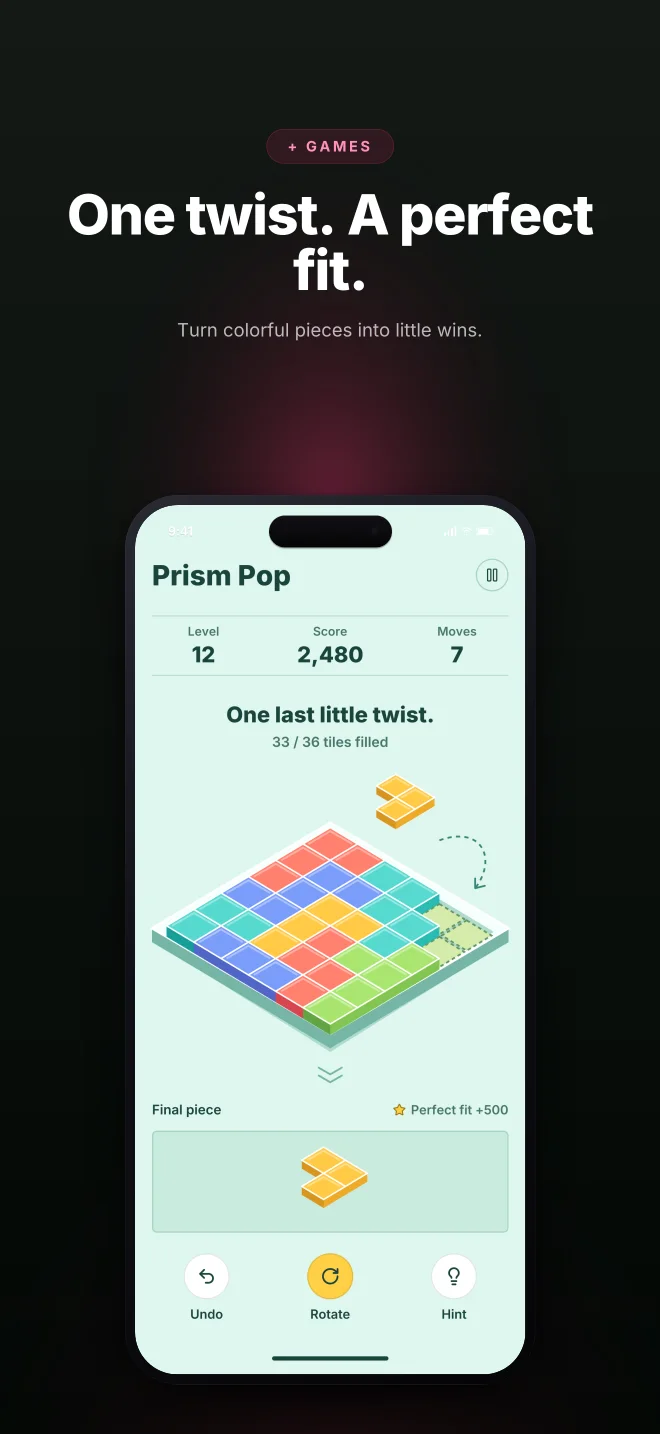 Prism Mint palette in Dark Showcase, a fictional games app screenshot example