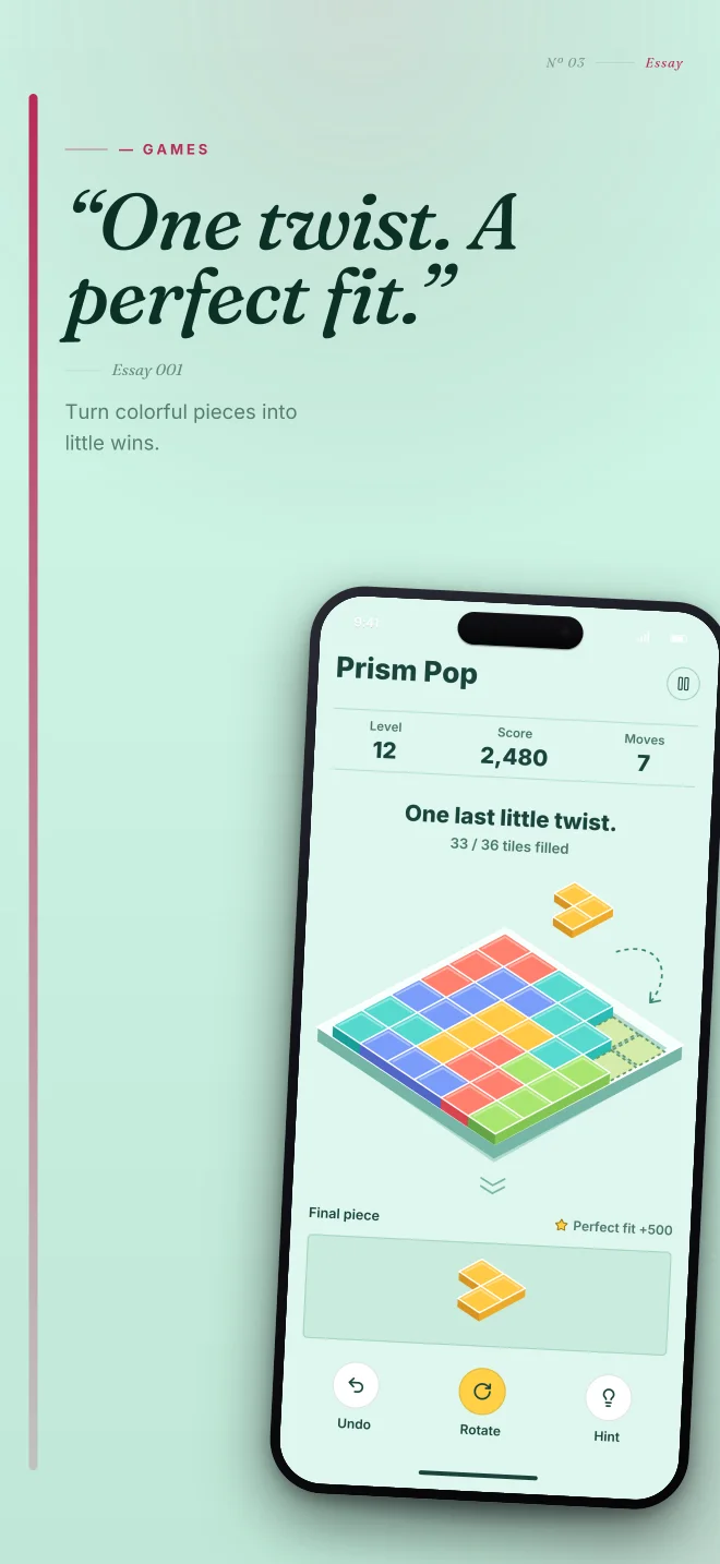 Prism Mint palette in Editorial, a fictional games app screenshot example