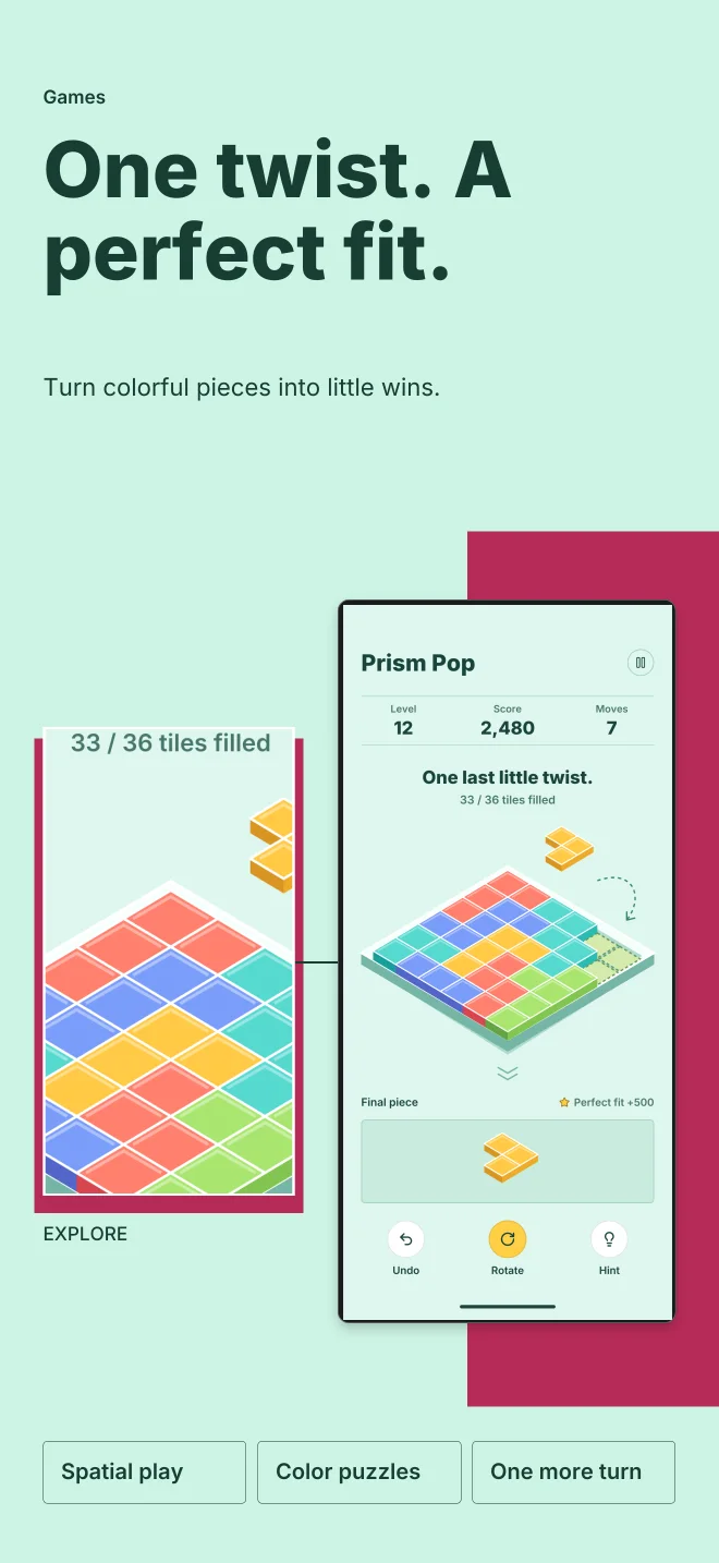 Prism Mint palette in Feature Focus, a fictional games app screenshot example