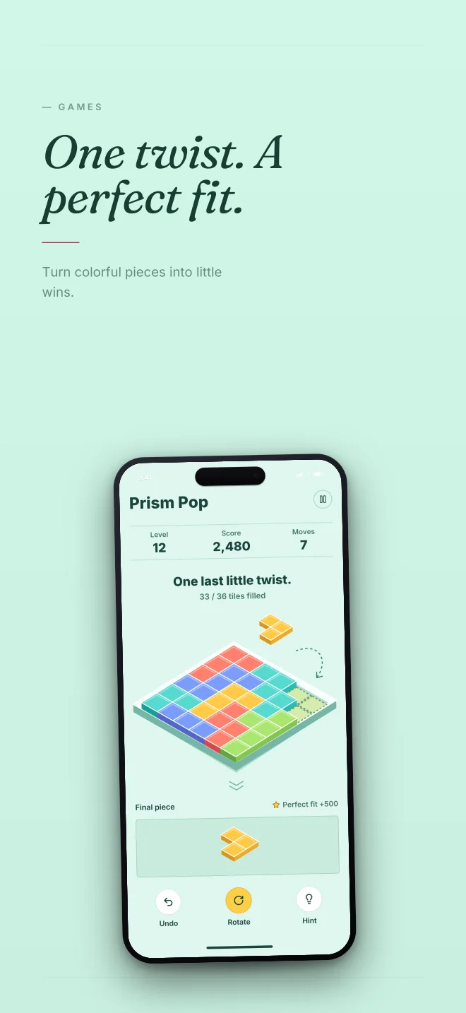 Prism Mint palette in Minimal, a fictional games app screenshot example