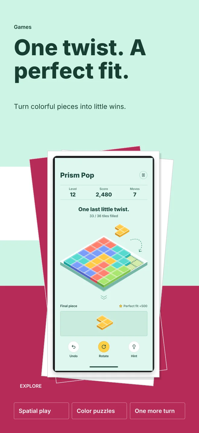 Prism Mint palette in Playful Stack, a fictional games app screenshot example