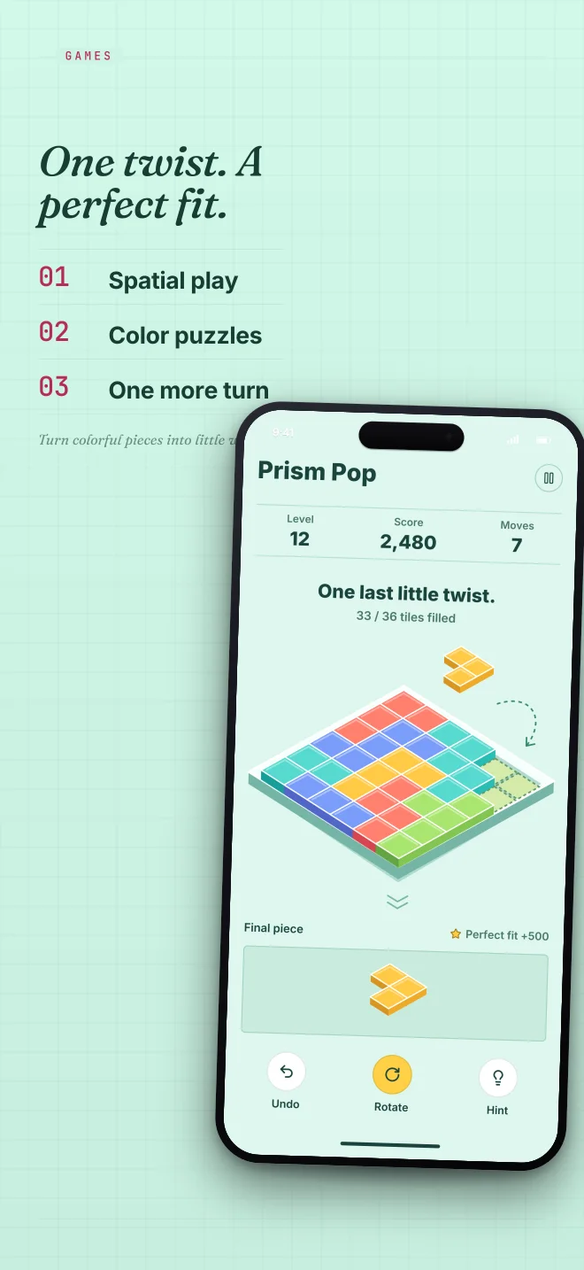 Prism Mint palette in Specimen Grid, a fictional games app screenshot example
