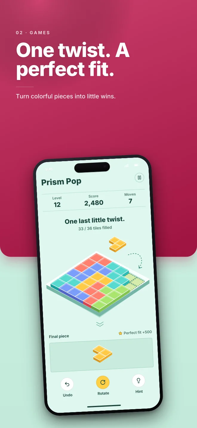 Prism Mint palette in Split Bold, a fictional games app screenshot example
