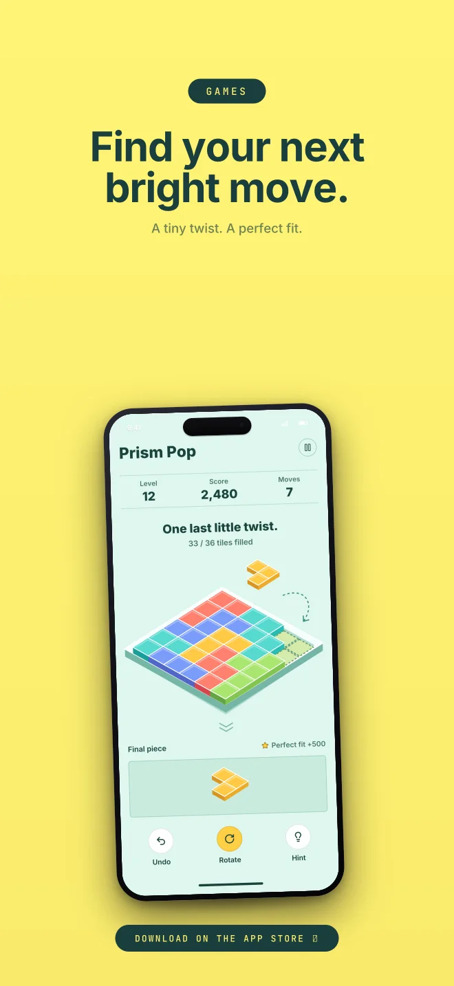 Prism Pop palette in Closer Badge, a fictional games app screenshot example