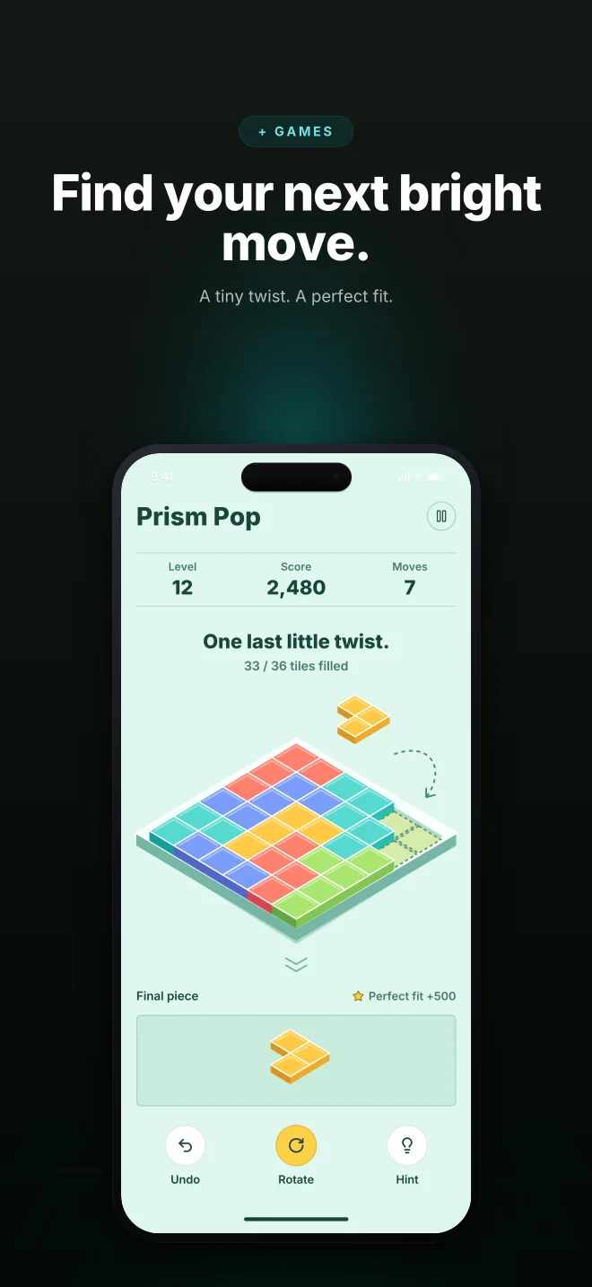 Prism Pop palette in Dark Showcase, a fictional games app screenshot example
