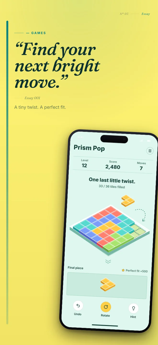 Prism Pop palette in Editorial, a fictional games app screenshot example
