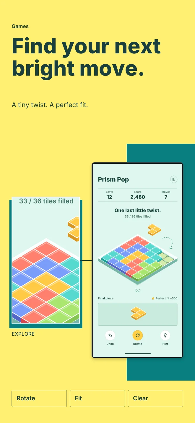 Prism Pop palette in Feature Focus, a fictional games app screenshot example