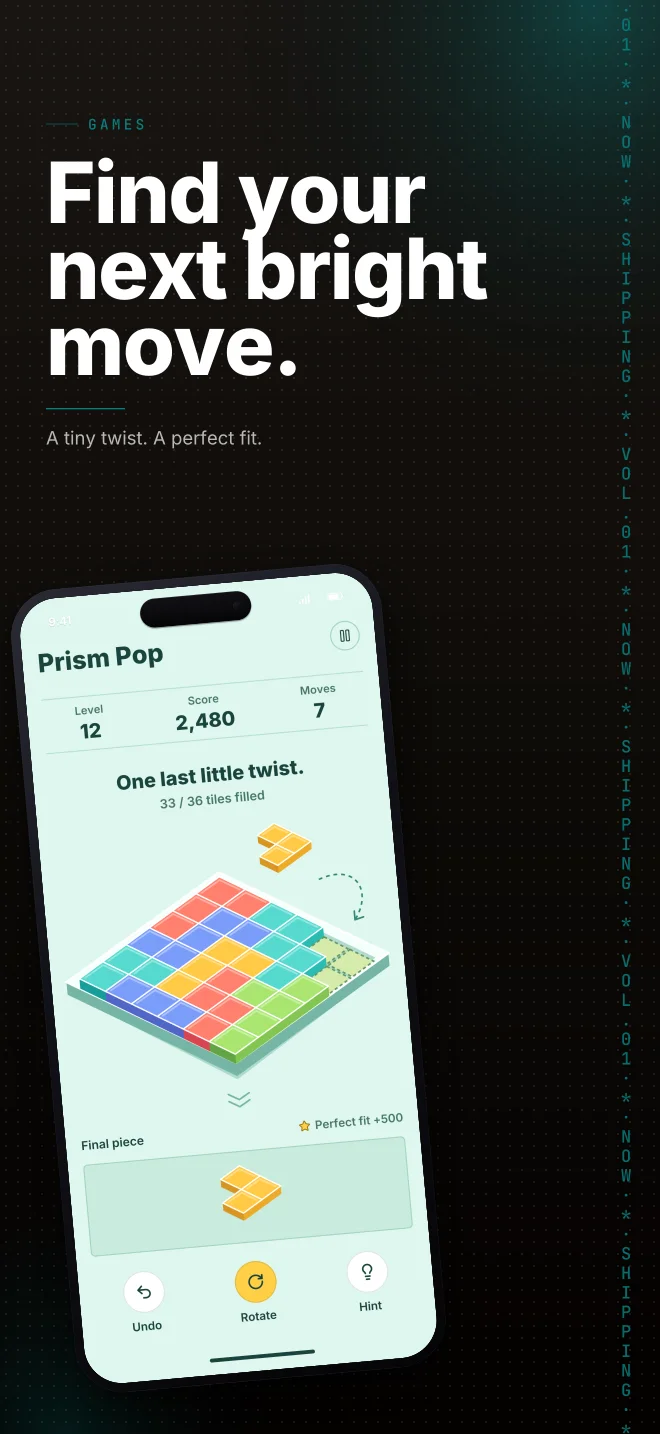 Prism Pop palette in Marquee Scroll, a fictional games app screenshot example