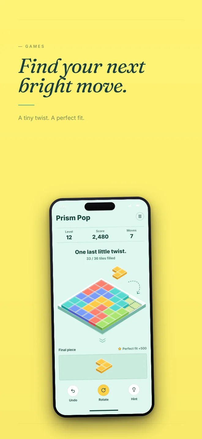 Prism Pop palette in Minimal, a fictional games app screenshot example