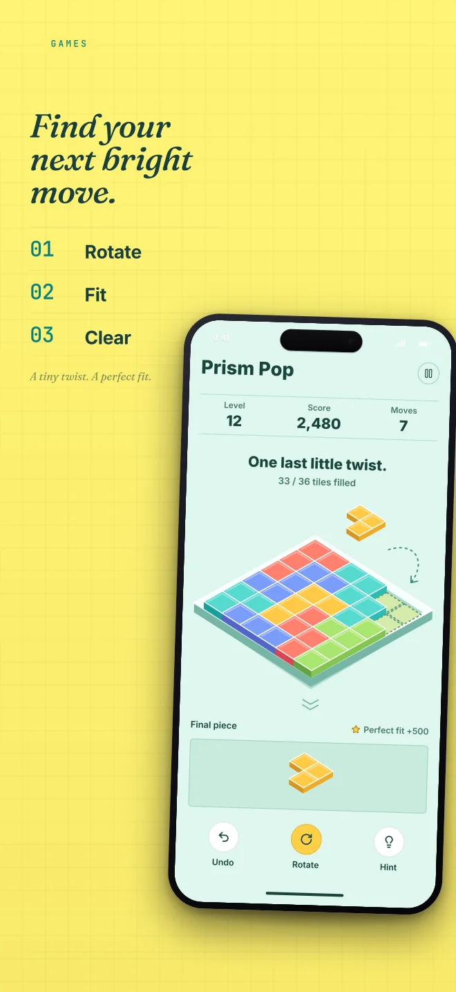 Prism Pop palette in Specimen Grid, a fictional games app screenshot example