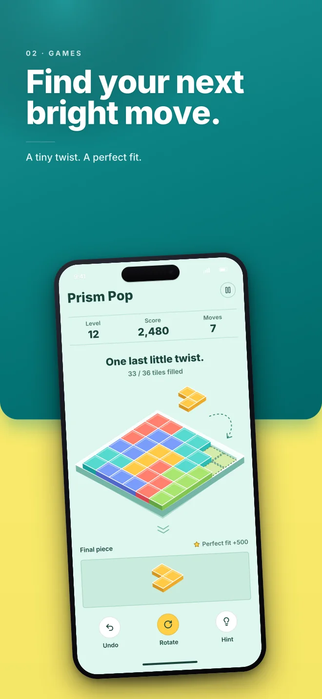 Prism Pop palette in Split Bold, a fictional games app screenshot example
