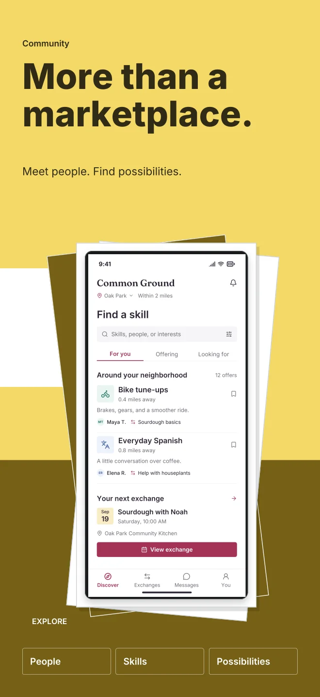 Sunroom palette in Playful Stack, a fictional community app screenshot example