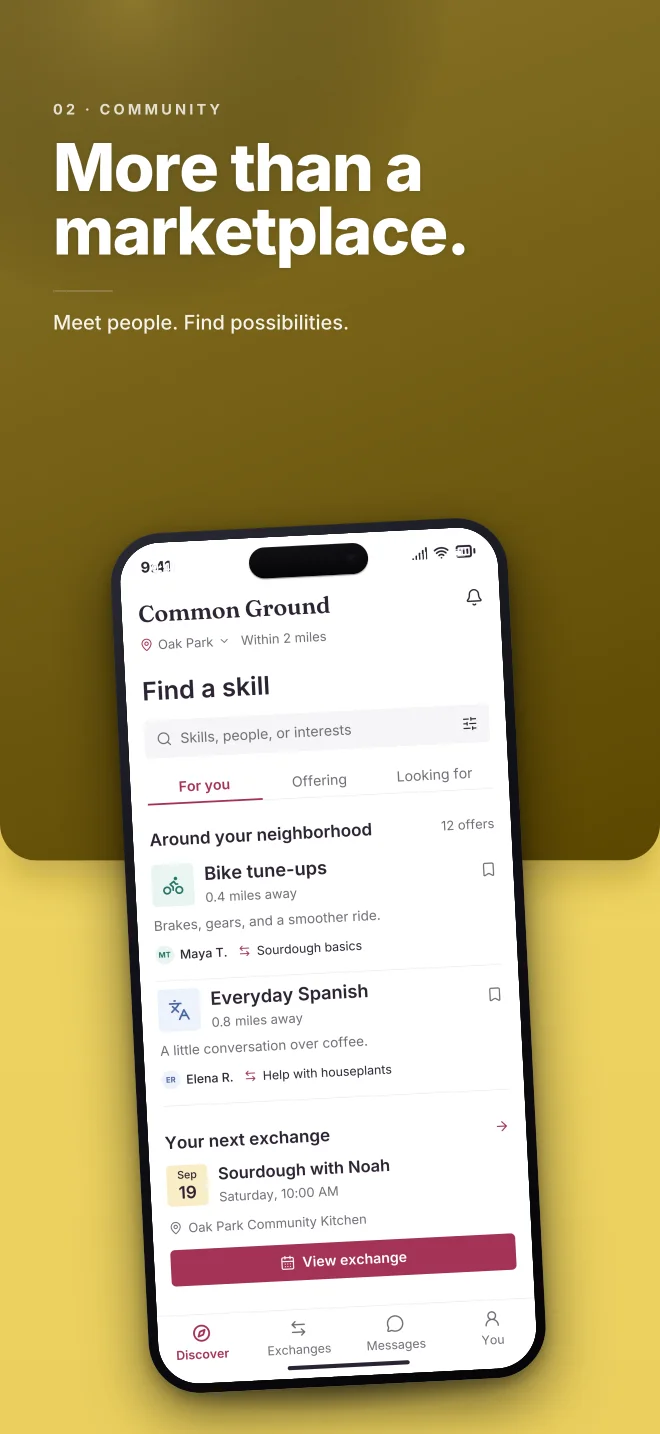 Sunroom palette in Split Bold, a fictional community app screenshot example